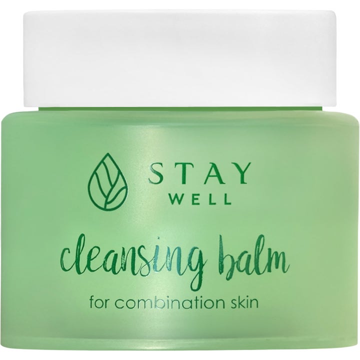 Stay Well Cleansing Balm 100 ml puhdistusvoide seka-iholle vihreässä huurteisessa lasipurkissa valkoisella korkilla.