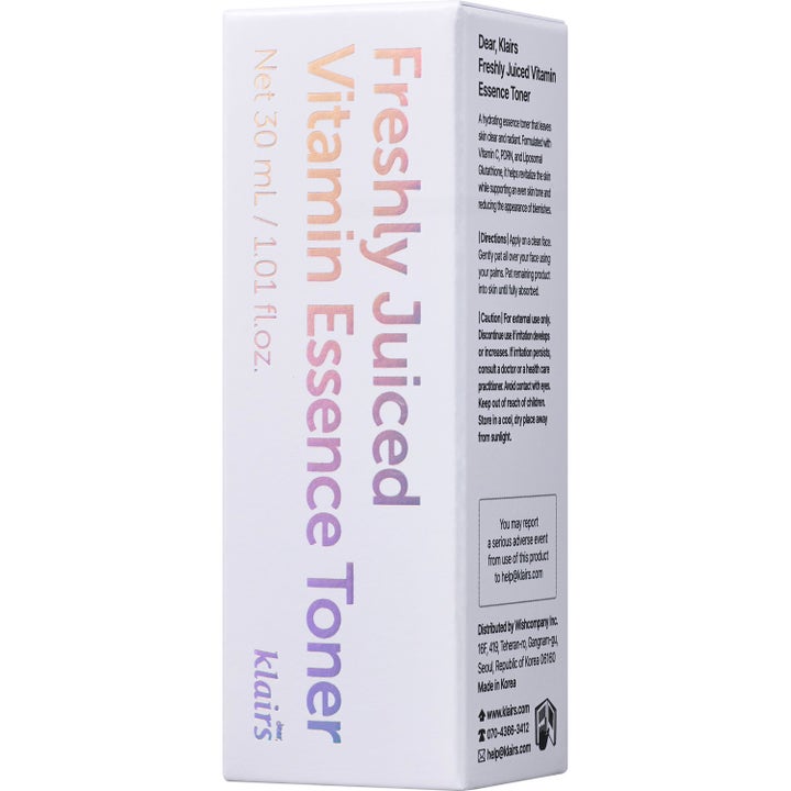 Klairs Freshly Juiced Vitamin Essence Toner 30 ml kirkastava kasvovesi valkoisessa pahvipakkauksessa.