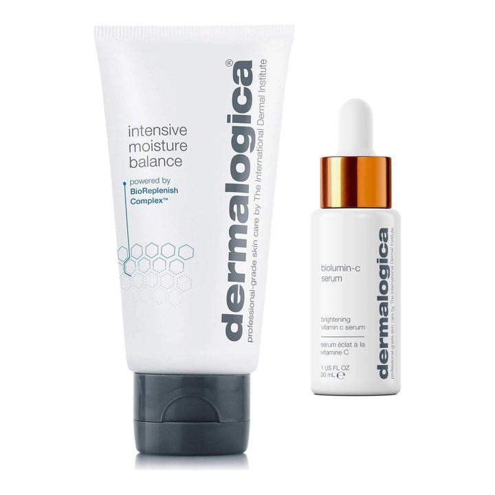 Dermalogica Intensive Moisture Balance ja BioLumin-C Serum kosteuttava kasvovoide tuubissa sekä kirkastava seerumi.