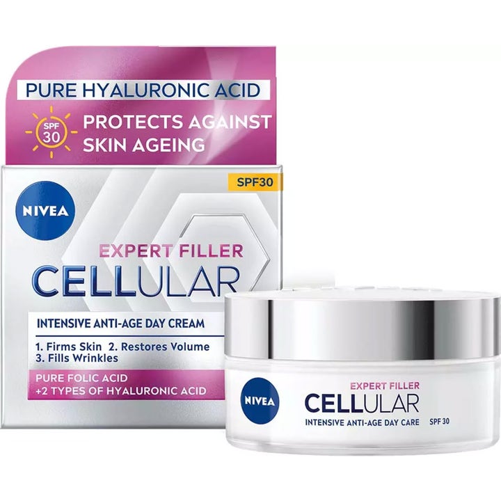 Nivea Cellular Expert Filler 50 ml päivävoide SPF 30 silottaa ryppyjä valkoisessa purkissa hopeisella korkilla