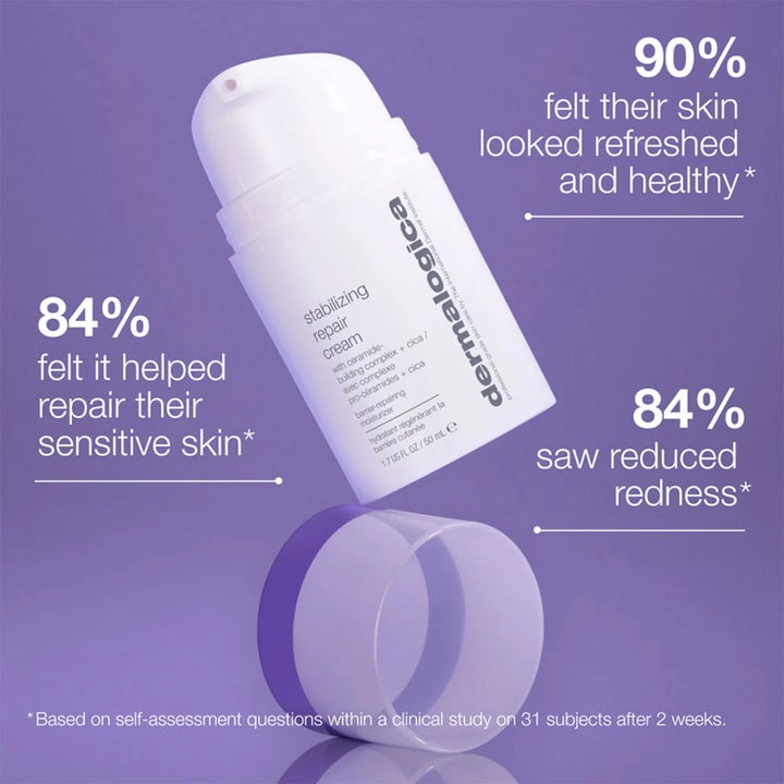 Dermalogica Stabilizing Repair Cream 100 ml rauhoittava kasvovoide pumpulla ja tuloksilla liilalla taustalla.