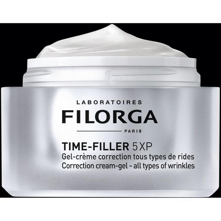 Filorga Time-Filler 5 XP Cream Gel 50 ml ryppyjä silottava geelivoide avatussa hopeisessa purkissa