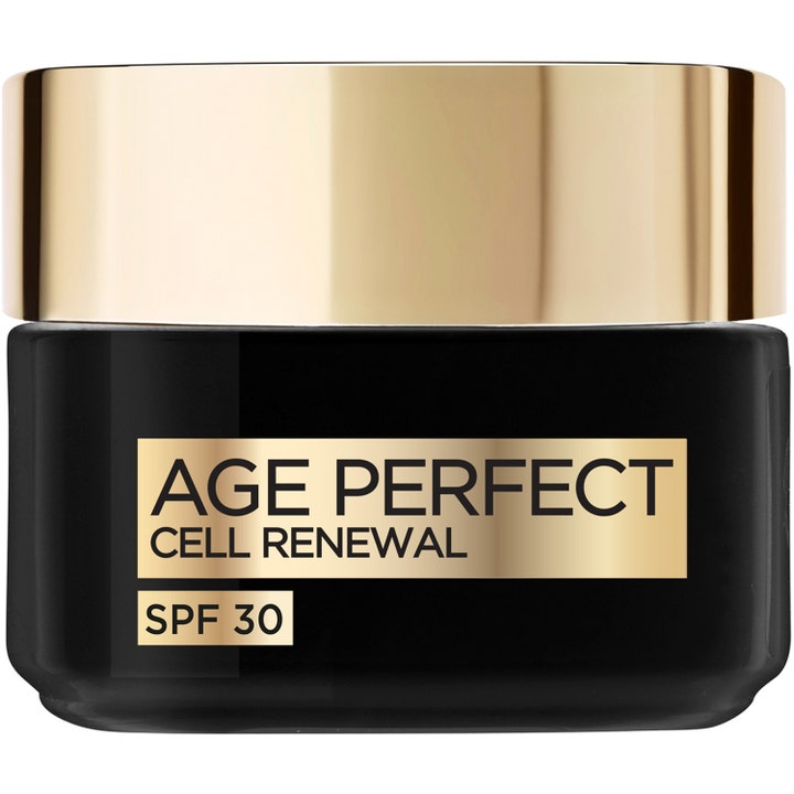 L'Oréal Paris Age Perfect Cell Renewal 50 ml uudistava päivävoide SPF 30 mustassa lasipurkissa kultaisella kannella.