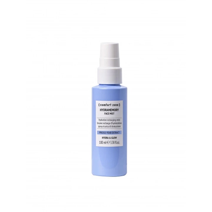 [comfort zone] Hydramemory Face Mist 100 ml kosteuttava kasvosuihke vaaleansinisessä pullossa valkoisella korkilla.