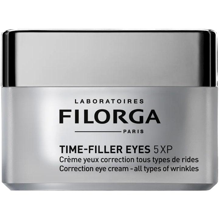 Filorga Time-Filler Eyes 5XP 15 ml silmänympärysvoide silottaa ryppyjä hopeisessa huurteisessa purkissa.