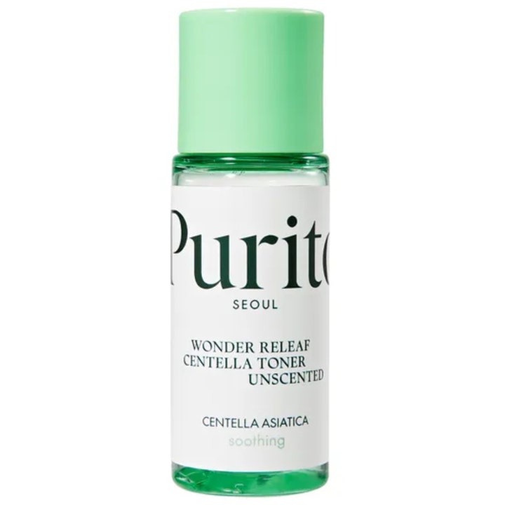 Purito Seoul Wonder Releaf Centella Toner Unscented rauhoittava kasvovesi kirkkaassa pullossa mintunvihreällä korkilla