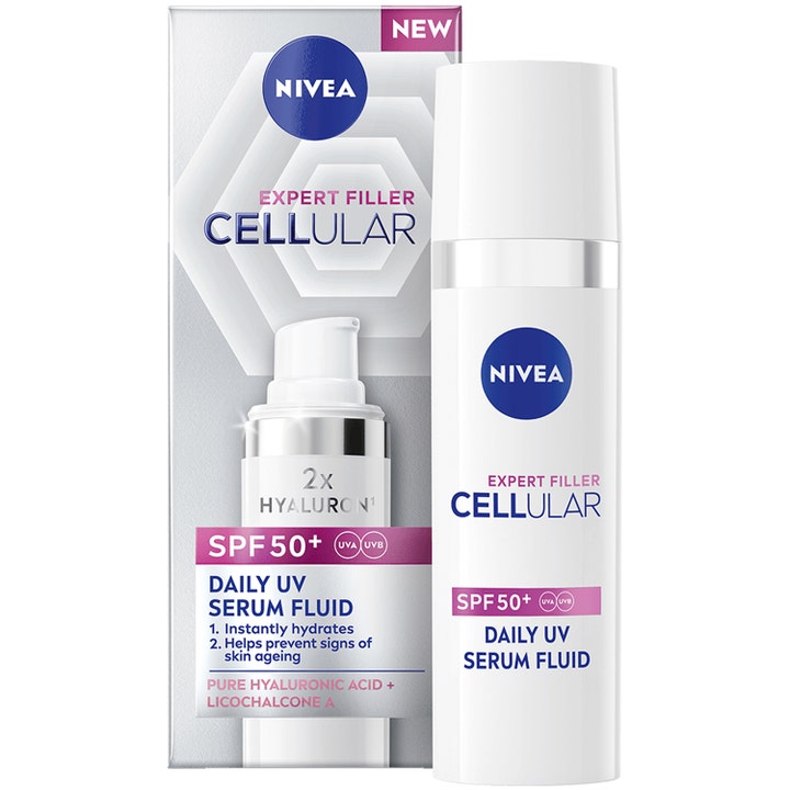 Nivea Cellular Expert Filler Daily UV Serum Fluid SPF 50+ silottava seerumi valkoisessa pullossa ja pakkauksessa.