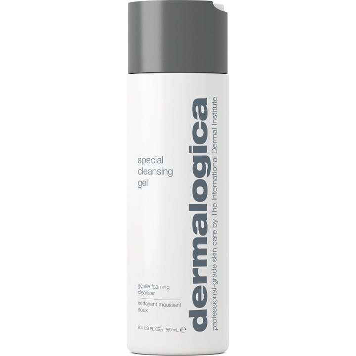 Dermalogica Special Cleansing Gel 250 ml hellävarainen puhdistusgeeli valkoisessa pullossa harmaalla korkilla.