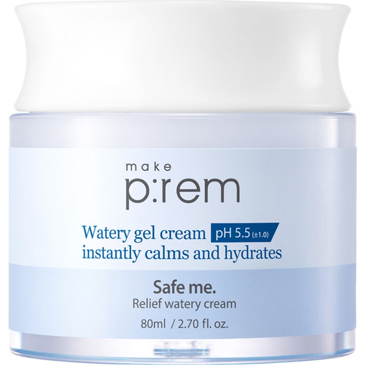 make p:rem Safe me Relief watery cream 80 ml rauhoittava geelivoide vaaleansinisessä purkissa valkoisella kannella