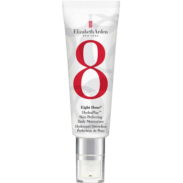 Elizabeth Arden Eight Hour HydraPlay 45ml päivävoide silottaa ihoa valkoisessa tuubissa, jossa on punainen 8 ja kirkas korkki.