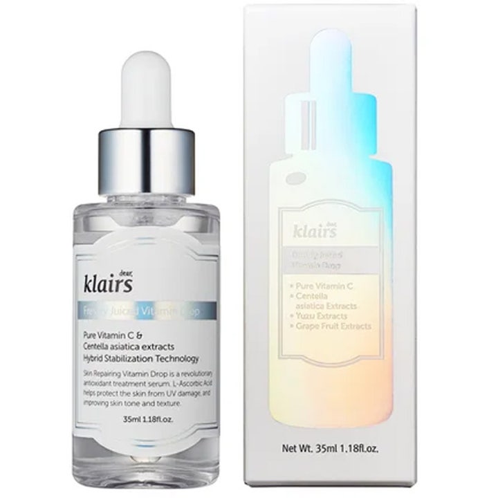 Klairs Freshly Juiced Vitamin Drop 35 ml kirkastava C-vitamiiniseerumi lasipullossa hopeisella pipetillä ja valkoinen pakkaus