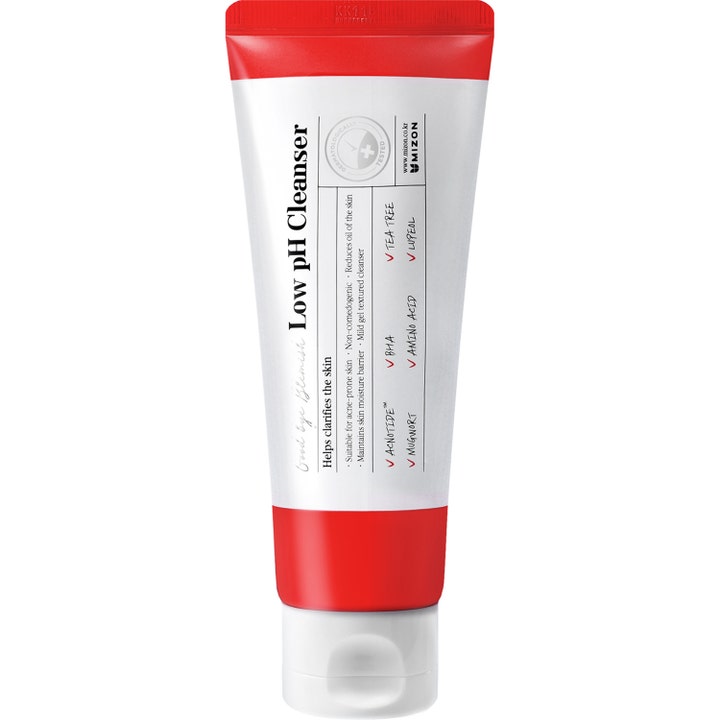 Mizon Good Bye Blemish Low pH Cleanser puhdistusgeeli epäpuhtauksille BHA-hapolla valkoisessa punaraitaisessa tuubissa
