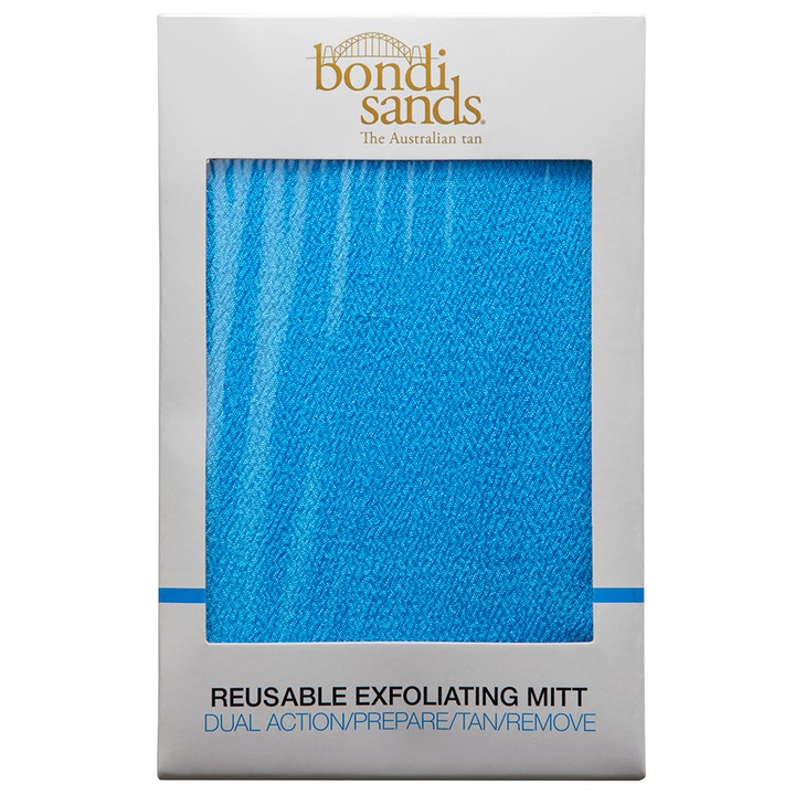 Bondi Sands Reusable Exfoliating Mitt 1 kpl kuorintakinnas valmistelee ihon sininen kinnas valkoisessa ikkunapakkauksessa