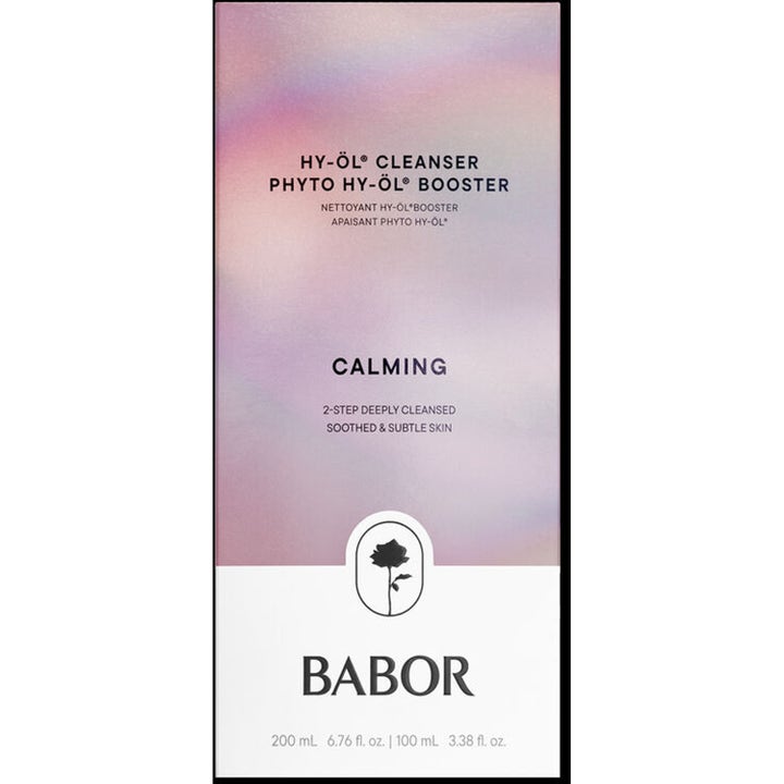 Babor HY-ÖL Cleanser & Phyto HY-ÖL Booster Calming 200 ml ja 100 ml rauhoittava puhdistussetti vaaleanliilassa pakkauksessa
