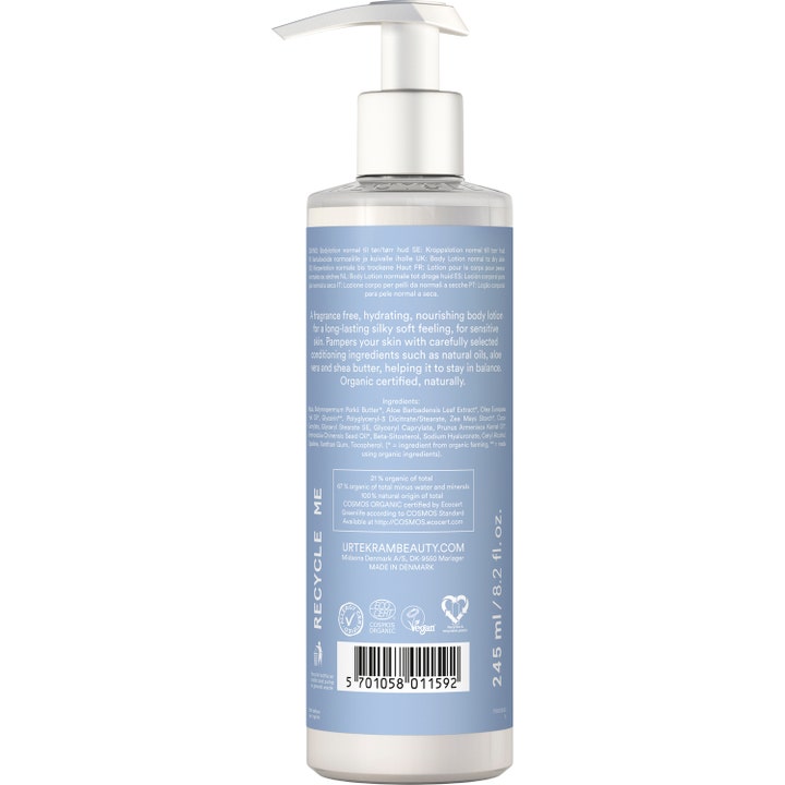 Urtekram Fragrance Free Body Lotion 245 ml kosteuttava vartalovoide pumpullisessa pullossa, jonka takasivu näkyy.
