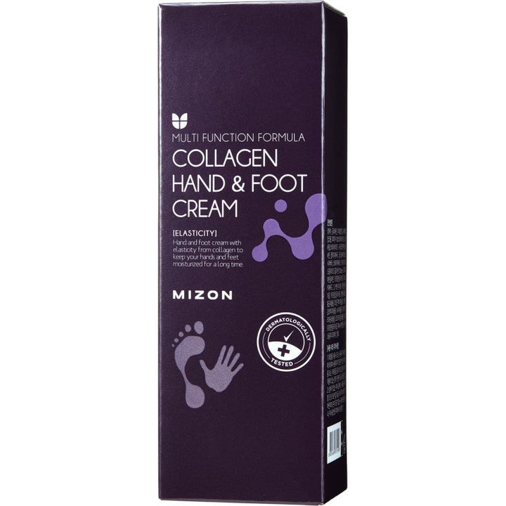 Mizon Collagen Hand And Foot Cream 100 ml kosteuttava voide tummanliilassa pakkauksessa käsi- ja jalkakuvioin.