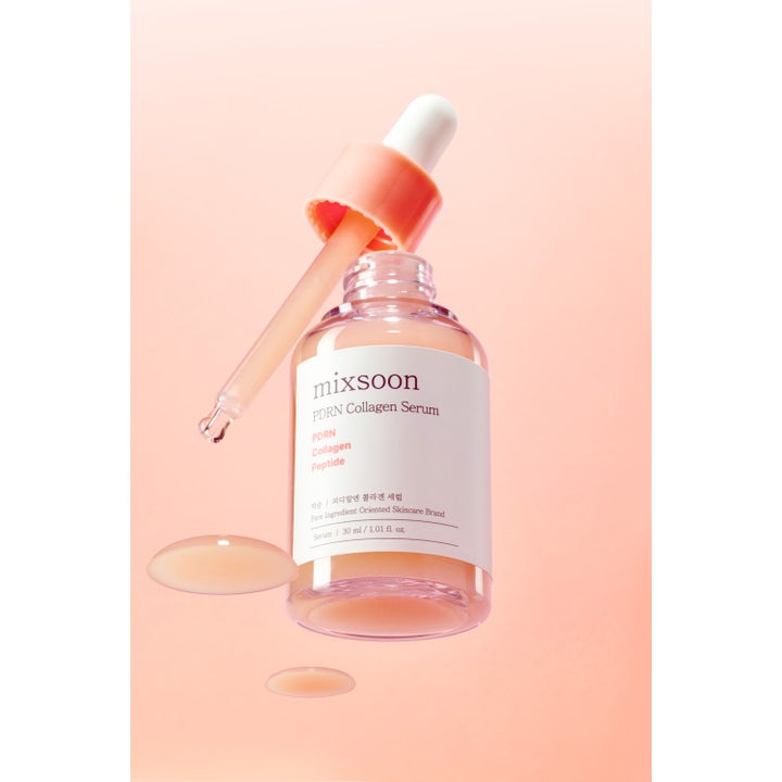 Mixsoon PDRN Collagen Serum 30 ml kiinteyttävä seerumi ja pipetti persikanvärisellä nestemäisellä koostumuksella