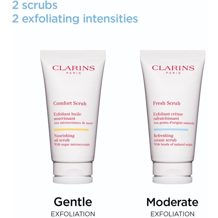 Clarins Fresh Scrub 50 ml virkistävä kasvokuorinta kahdessa eri voimakkuudessa valkoisissa tuubeissa.