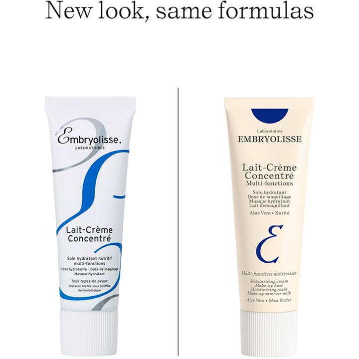 Embryolisse Lait-Crème Concentré 30 ml kosteuttava kasvovoide esittelee uuden ja vanhan tuubipakkauksen ulkoasun.