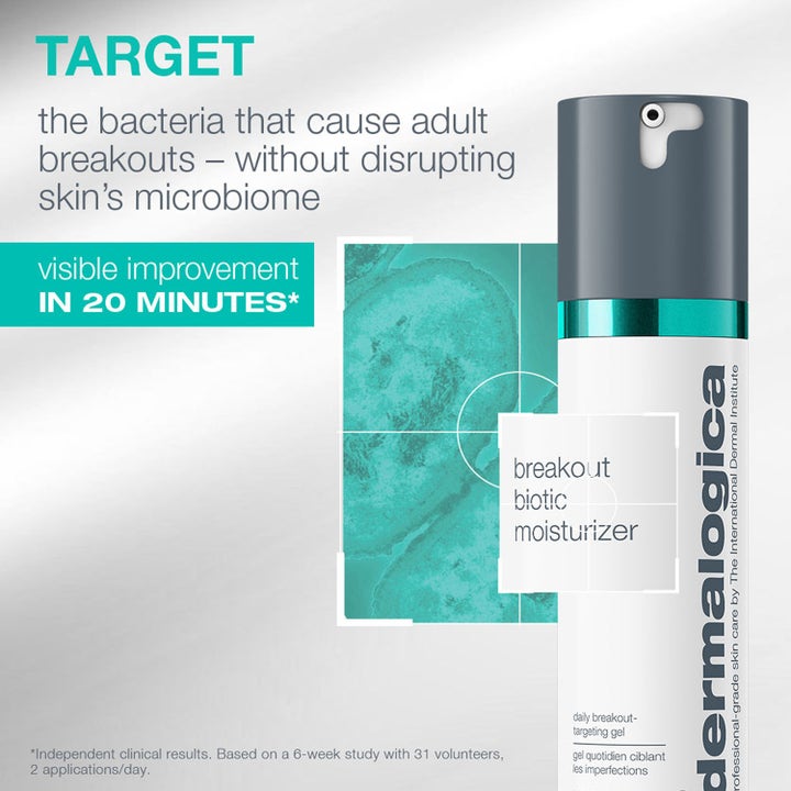 Dermalogica Breakout Biotic Moisturizer 50 ml kasvovoide epäpuhtauksia vastaan valkoisessa pumppupullossa.