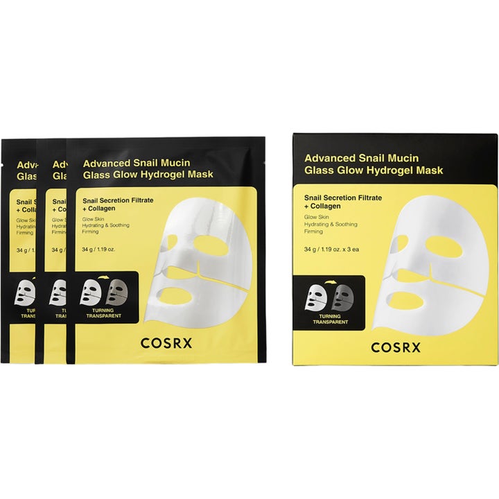 COSRX Advanced Snail Mucin Glass Glow Hydrogel Mask 3 kpl on kosteuttava naamio kelta-mustissa pakkauksissa.