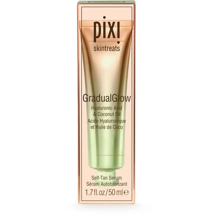 Pixi GradualGlow Self Tan Serum 50 ml asteittain ruskettava seerumi vaaleanvihreässä tuubissa ja pakkauksessa.