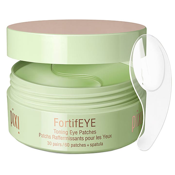 Pixi FortifEYE 30 paria kiinteyttävät silmänalusnaamiot vihreässä purkissa läpinäkyvällä lastalla.