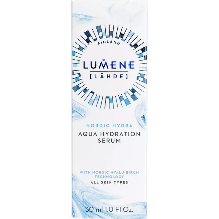 Lumene Nordic Hydra Aqua Hydration Dew Serum 30 ml kosteuttava seerumi vaaleansinisessä pahvipakkauksessa.