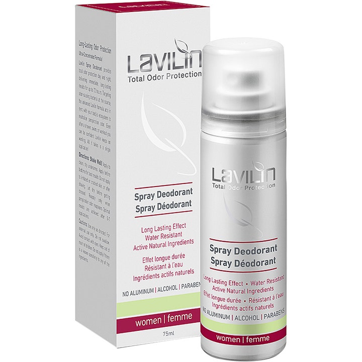 Lavilin Spray Deodorant 75ml hajua neutraloiva deodoranttisuihke valkoisessa pullossa ja pahvipakkauksessa.