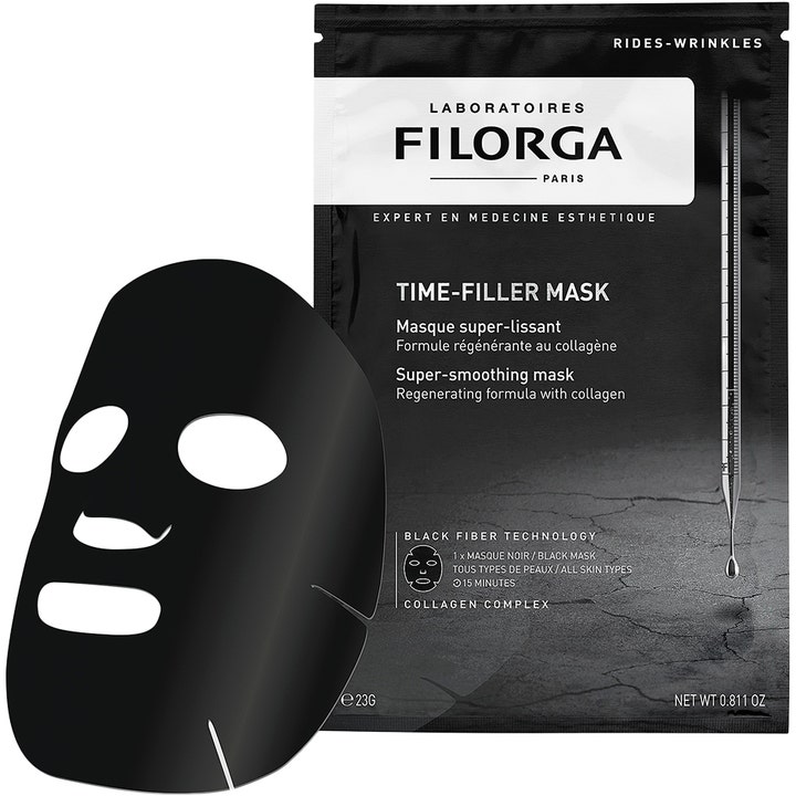 Filorga Time-Filler Mask 23 g silottava sheet mask sisältää mustan kuitunaamion ja kollageenia silottamaan ihoa