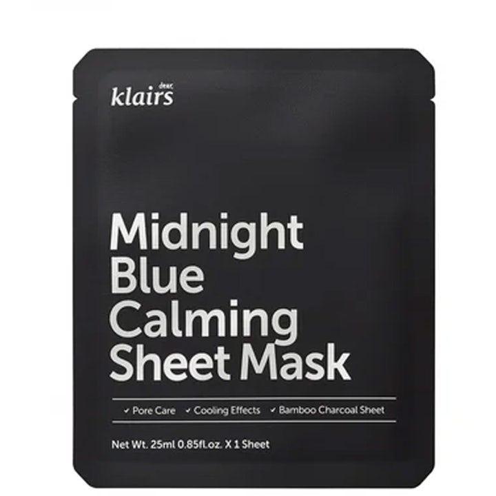 Klairs Midnight Blue Calming Sheet Mask 25 ml rauhoittava kangasnaamio mustassa pakkauksessa.