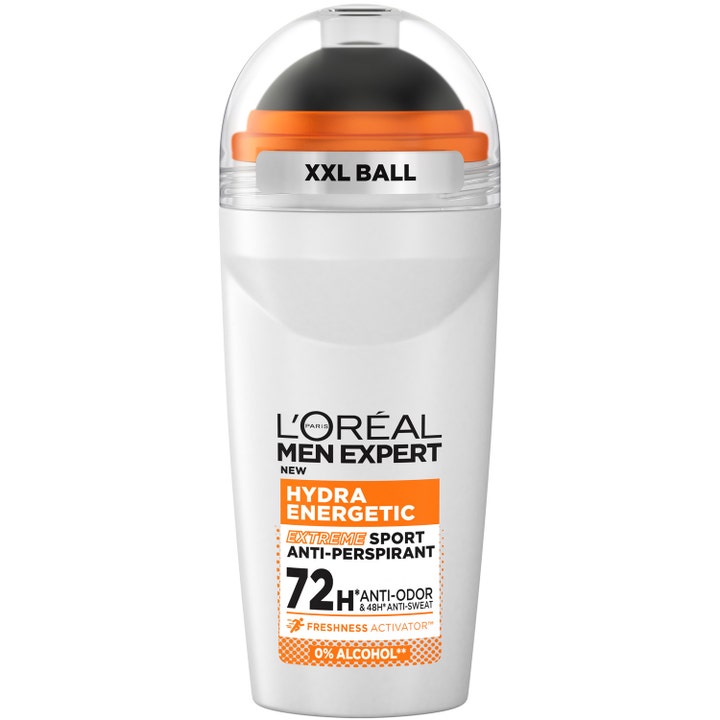 L'Oréal Men Expert Hydra Energetic 50 ml antiperspirantti suojaa valkoisessa pullossa, jossa on suuri musta XXL-levityspallo.