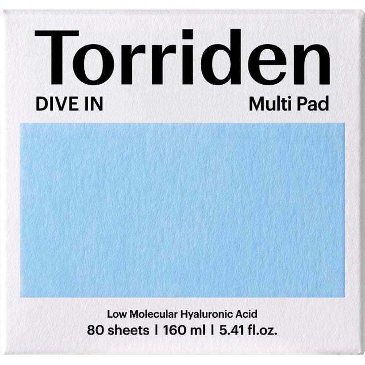 Torriden DIVE-IN Multi Pad 160 ml kosteuttava kasvovesi valkoisessa pakkauksessa, jossa on vaaleansininen neliö.