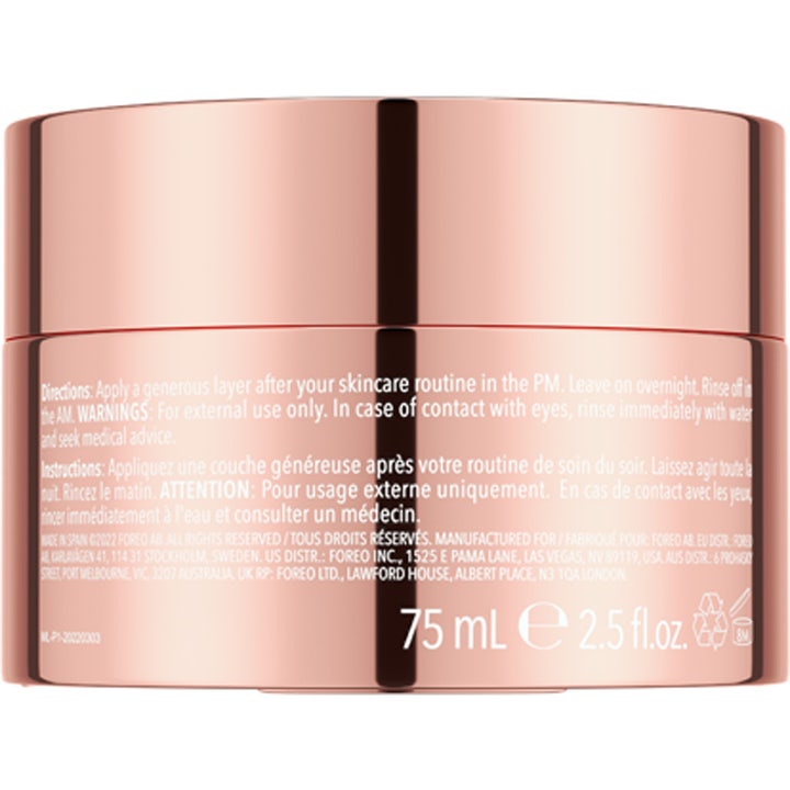 FOREO SUPERCHARGED Ultra-Hydrating Sleeping Mask 75 ml kosteuttava yönaamio ruusukultaisessa purkissa käyttöohjeilla