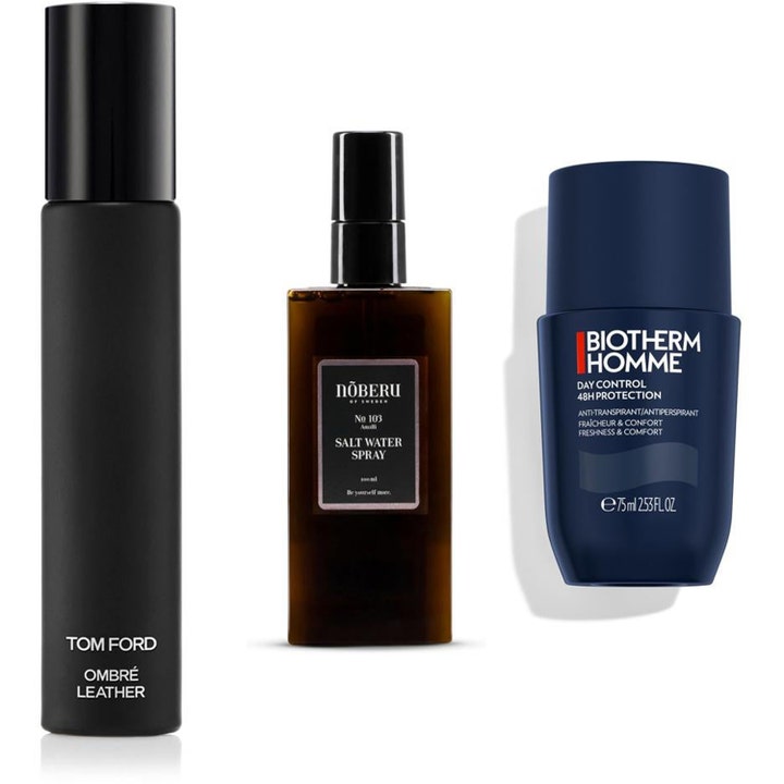 Tom Ford Ombré Leather vartalosuihke Nõberu suolasuihke ja Biotherm Homme deodorantti tummissa pulloissa