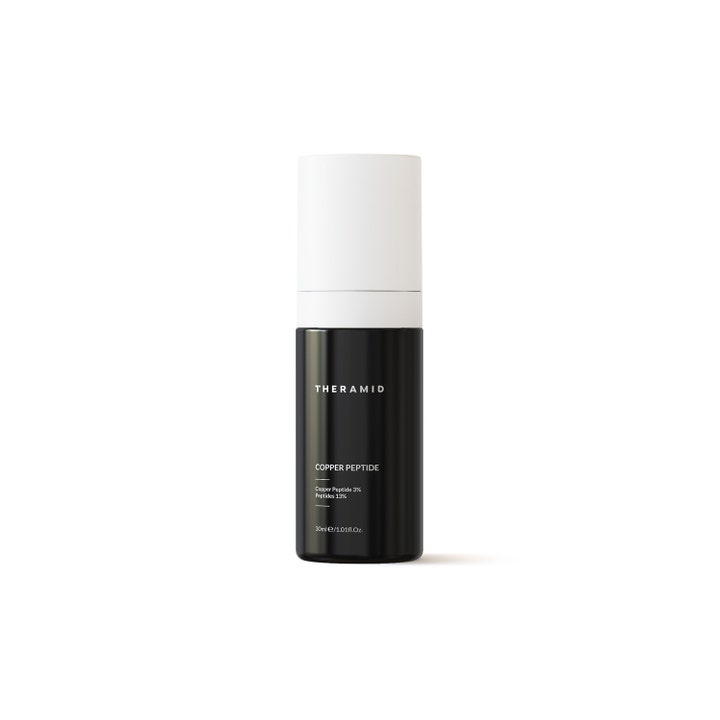 Theramid Copper Peptide 30 ml kiinteyttävä ja uudistava seerumi tyylikkäässä mustassa pullossa valkoisella korkilla