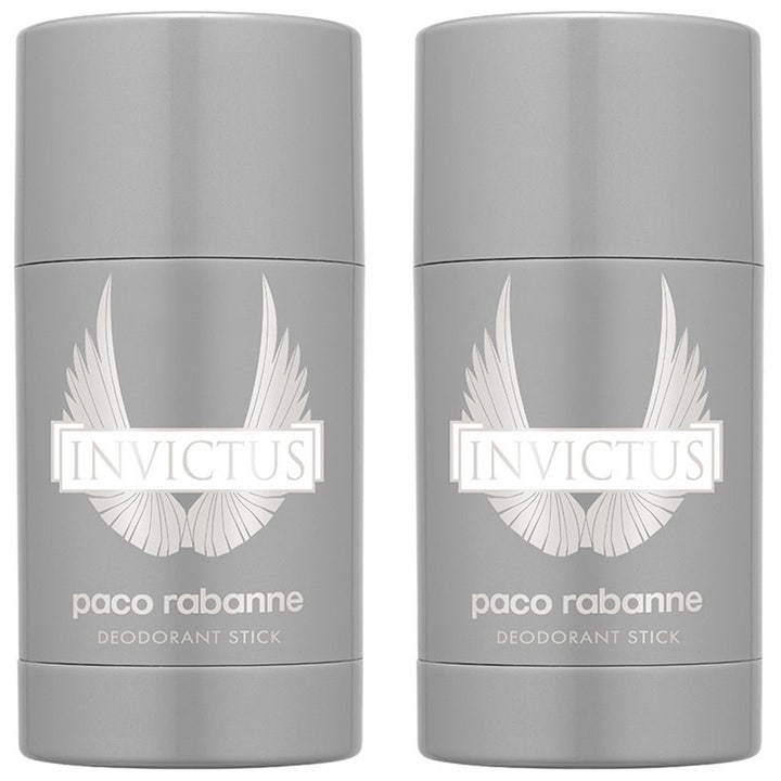 Paco Rabanne Invictus Deodorant Stick raikastava suoja kaksi harmaata puikkoa valkoisella siipilogolla.