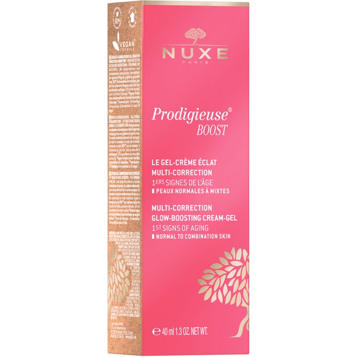 Nuxe Crème Prodigieuse Boost 40 ml kirkastava kasvovoide vaaleanpunaisessa pahvipakkauksessa.