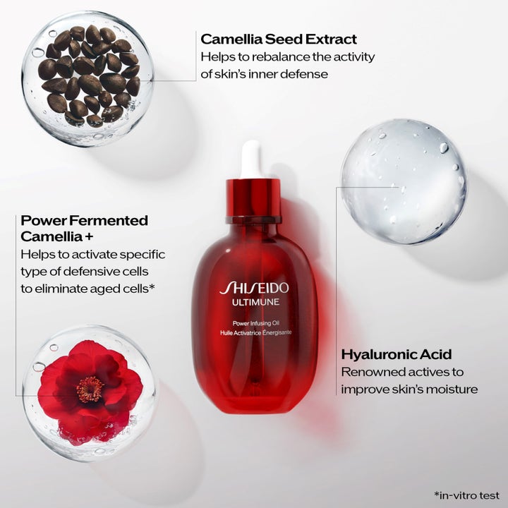 Shiseido Ultimune Power Infusing Oil 75 ml vahvistava kasvoöljy punaisessa pipettipullossa kamelian ja hyaluronihapon kera