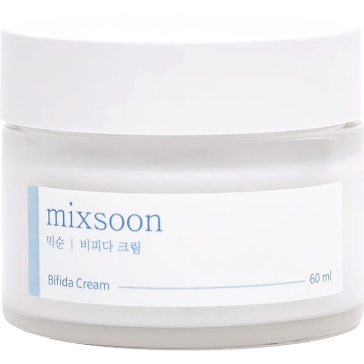 Mixsoon Bifida Cream 60 ml vahvistava kasvovoide valkoisella kannella varustetussa huurteisessa lasipurkissa
