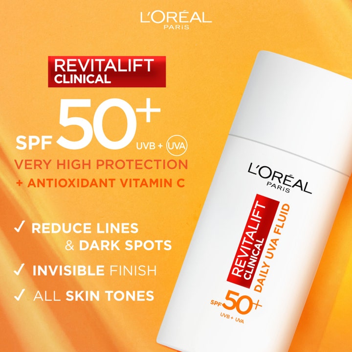 L'Oréal Paris Revitalift Clinical Daily UVA Fluid 50 ml aurinkovoide antaa SPF 50 suojan ja sisältää C-vitamiinia.