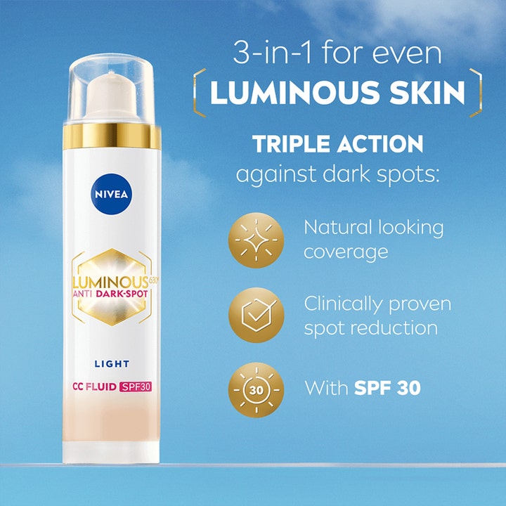 NIVEA Luminous 630 CC Fluid 40 ml sävyttävä päivävoide SPF30 tasoittaa ihoa ja häivyttää pigmenttiläiskiä.