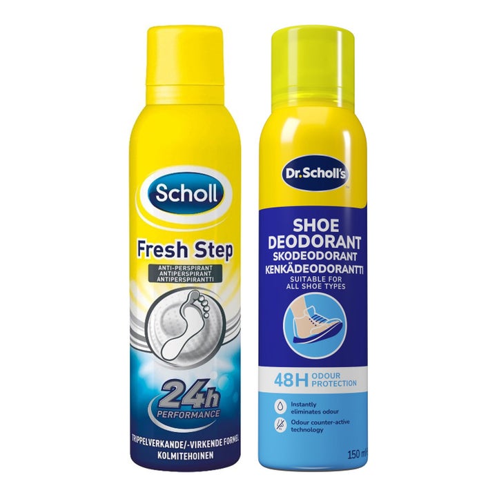 Scholl Fresh Step ja Kenkädeodorantti 150 ml suihkeet raikastavat keltaisissa ja sinisissä metallipulloissa.