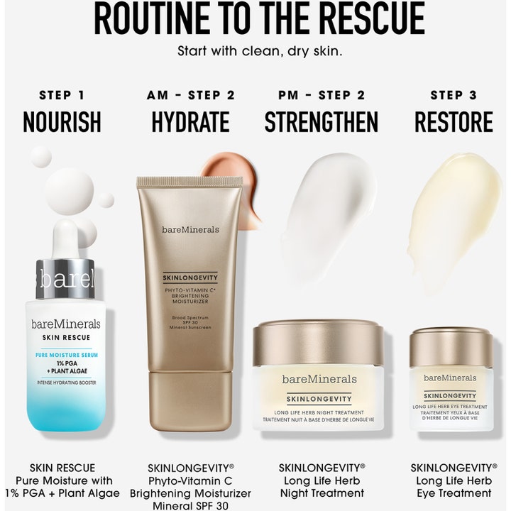 bareMinerals Skin Rescue Pure Moisture Serum 30 ml kosteuttava seerumi osana nelivaiheista rutiinia ja tuotekoostumuksia.