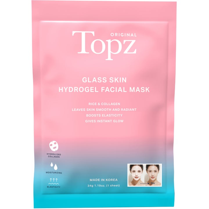 Topz Original Glass Skin Hydrogel Facial Mask 34 g heleyttävä naamio vaaleanpunaisessa liukuvärjätyssä pussissa.