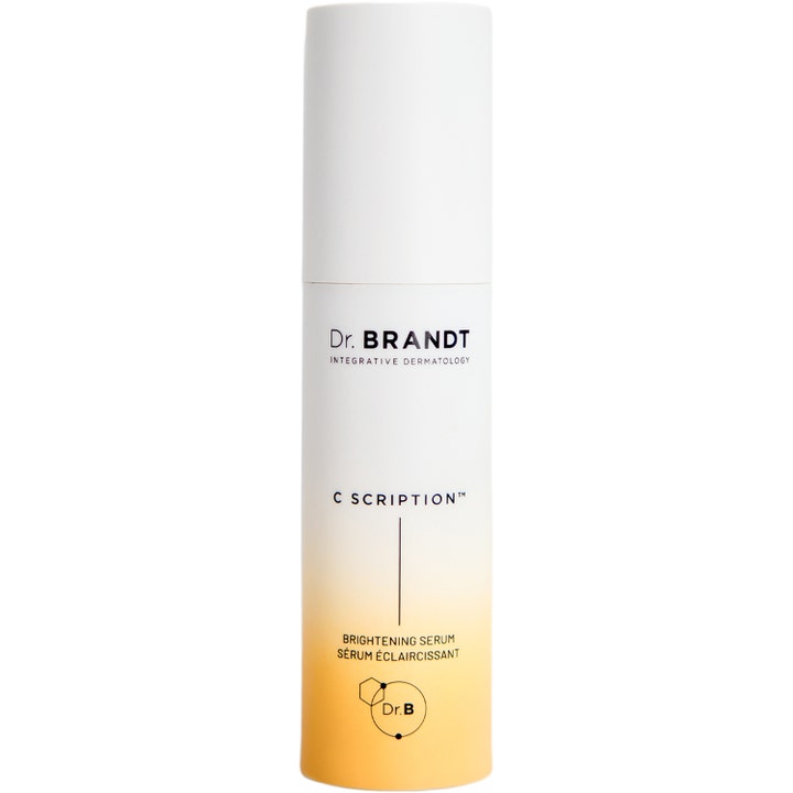 Dr. Brandt C Scription Brightening Serum 30 ml kirkastava C-vitamiiniseerumi valkoisessa pullossa oranssilla liukuvärillä.