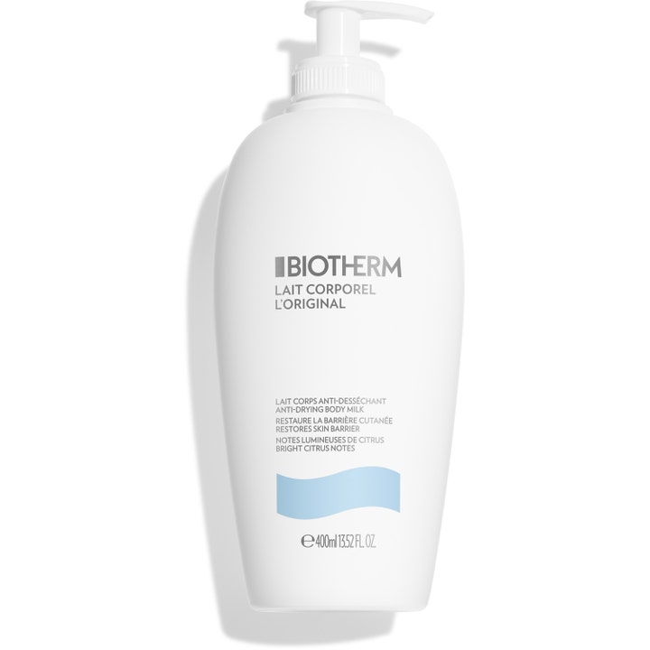 Biotherm Lait Corporel L'Original 400 ml kosteuttava vartalomaito valkoisessa pumppupullossa sinisellä aaltokuviolla.