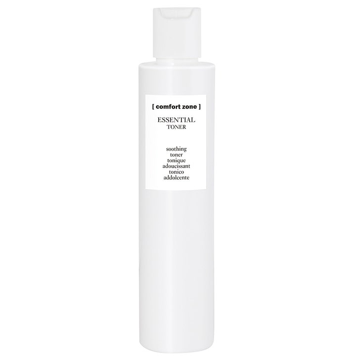 Comfort Zone Essential Toner 200 ml rauhoittava kasvovesi valkoisessa sylinterinmuotoisessa muovipullossa.