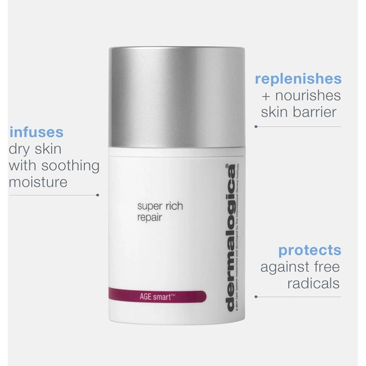 Dermalogica Super Rich Repair 50 ml ravitseva kasvovoide valkoisessa pumppupullossa infuses dry skin with soothing moisture.