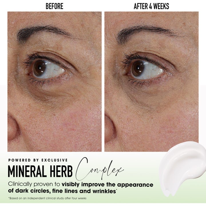 bareMinerals Skinlongevity Revitalizing Eye cream 15 g silmänympärysvoide ennen ja jälkeen -kuvalla ja voidenäytteellä.